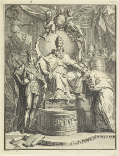 På tronen, Adrian VI Titelside for: Burmann, Kasper. Hadrianus VI eller den historiske anacleta af Hadrianus den sjette romerske pave, 1727 af Jan Wandelaar