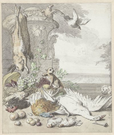 Dødt vildt, en abe, en hund og nogle fugle af Jan Baptist Weenix