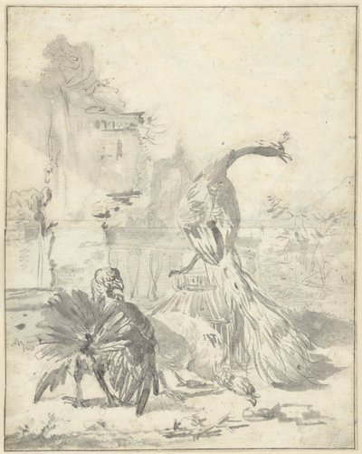 Hoenderhof med en påfugl og to kalkuner af Jan Baptist Weenix