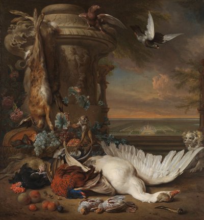 Jagt og frugtstilleben ved siden af en havevase med en abe, hund og to duer i det fjerne Rijksdorp nær Wassenaar, sæde for Jacob Emmery, baron af Wassenaar af Jan Baptist Weenix