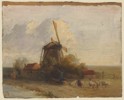 Landskab med en mølle og en hyrde med får af Jan Weissenbruch