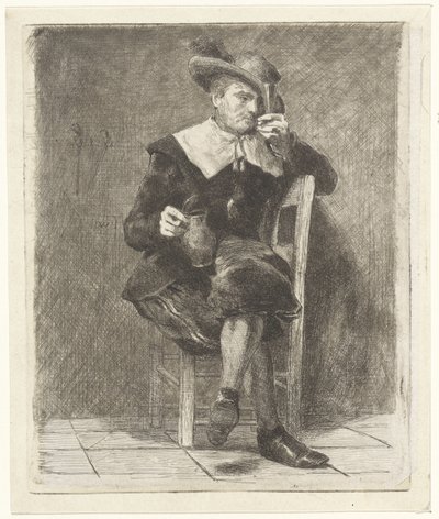 Mand med kande og glas på en stol af Jan Weissenbruch