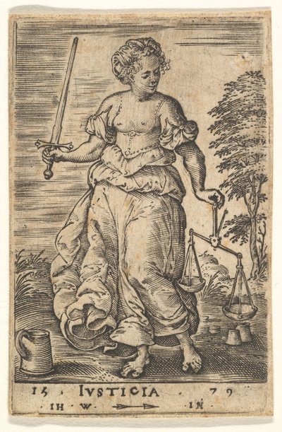 Justice, en allegorisk figur, der holder en balance i sin venstre hånd og et sværd i sin højre..., 1579. af Jan Wierix
