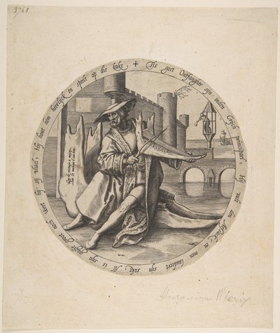 Den rige mand, der spiller violin på et kæbeben, ca. 1568. af Jan Wierix