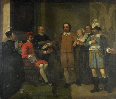 Jacob Simonsz de Rijk får den spanske generalguvernør anmodninger om at løslade Marnix van Sint Aldegonde, 1575 af Jan Willem Pieneman