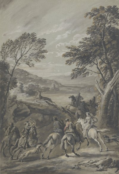 En Staghunt (brun vask med gouache i papir) af Jan Wyck