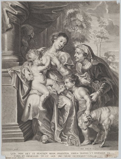 Den hellige familie med Elizabeth og spædbarnet Sankt Johannes Døberen, Jomfruen, der ammer spædbarnet Kristus, ca. 1635-42 af Jan Witdoek