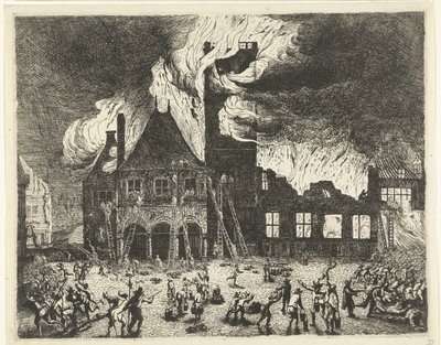 Branden i det gamle rådhus i Amsterdam, 1652 Afbildning af det gamle Stadthuys brændt til Amsterdam den 7. juli 1652 af Jan de Baen