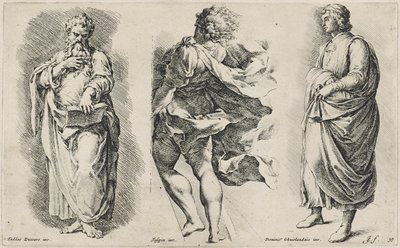 Tre unavngivne figurer efter tre italienske kunstnere (radering på lagt papir med vandmærke til våbenskjold) af Jan de Bisschop