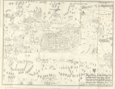 Belejring og erobring af Deventer, 1578 Waerafftighe afconterfeitinge der loeflike Keyser gratis Anze Stadt Deventer I hvilket ghestalt, at det er Belgert onde Beschaten Ao. 1578 (titel på objekt) af Jan de Lange (II) (signed by artist)