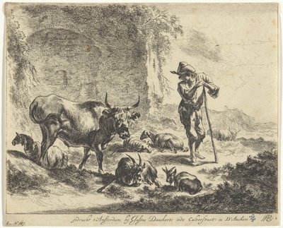 Hyrde hviler på sin stav ved en ruin Landskaber med hyrder og kvæg (serietitel) af Jan de Visscher