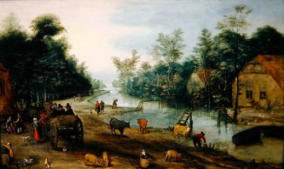 Et skovklædt flodlandskab om sommeren med rejsende, der ankommer til en kro (olie på panel) af Jan the Elder (circle of) Brueghel