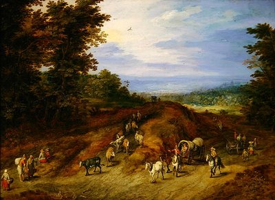 Landskab med bønder, vogne og dyr (olie på kobber) af Jan the Elder Brueghel