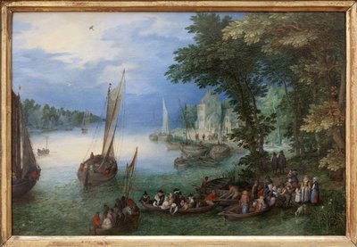Flodscene eller barken, Oliemaleri på kobber af Jan Brueghel, dit Brueghel de Velours (1568-1625), ca. 1605. Dim.: 24 x 36 cm. Fotografi, KIM Youngtae, Nantes, Musee des Beaux Arts de Nantes. af Jan the Elder Brueghel