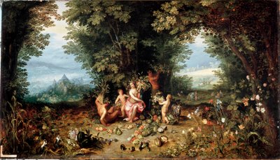 De fire elementer: "Jorden"" Allegori. Udsigt over det jordiske paradis med frugter, grøntsager, blomster og dyr (inklusive marsvin (hamster) Maleri af Jan Breugel Le Vieux kalder Bruegel de Velvet (Brueghel eller Breughel) af Jan the Elder Brueghel