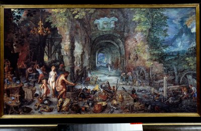 De fire elementer: "The Fire"" Allegori. Kom og Vulcan i smeden, lav våben til deres søn Enee. Omkring dem arbejder smede og guldsmede med rustninger, våben, vaser, smykker, drikkebægre, fade og kedler. Maleri af Jan Breugel Le V af Jan the Elder Brueghel