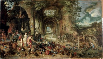 De fire elementer: allegori om ild (olie på panel af Jan the Elder Brueghel