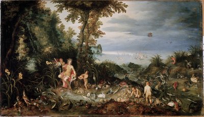 De fire elementer: allegori om vand (olie på panel af Jan the Elder Brueghel