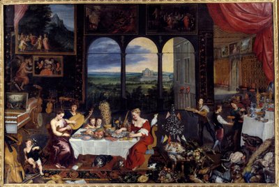 Smagen, hørelsen og berøringen. Allegori om de fem sanser En rig families måltid: fjerkræ og skaldyr (inklusive østers) udgør banketmenuen. Maleri af Jan I Brueghel Dit De Velours (1568-1625) Ec. Flam af Jan the Elder Brueghel