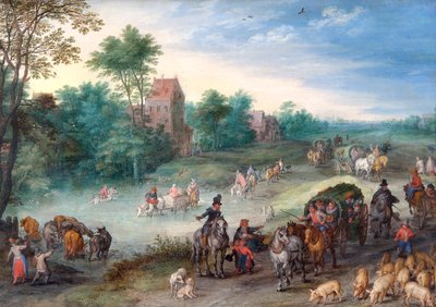 Rejsende på en landevej med kvæg og svin af Jan the Elder Brueghel