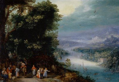 Skovklædt ådal med vej, ca. 1602 af Jan the Elder Brueghel