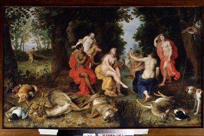 Dianas hvile på jagten Dyrene (ulv, hjorte, ræv), der blev dræbt af jagtens gudinde, ligger på jorden, mens hun hviler omgivet af nymfer. Maleri af Jan Breugel den Ældre kaldet Bruegel de Velours (Br af Jan the Elder Brueghel