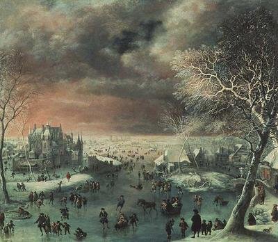 Et vinterlandskab med figurer på isen af Jan the Elder Griffier