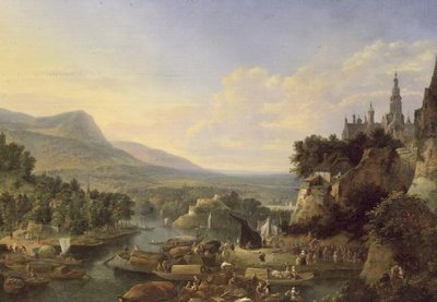Lastning af pramme på Rhinen (olie) af Jan the Elder Griffier