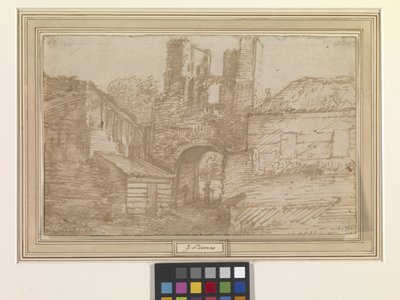 Den ydre port til ruinerne af Brederode Slot (pen og brunt blæk på råhvidt lagt papir) af Jan the Elder Lievens