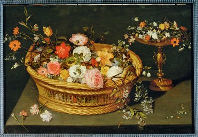 En kurv med blomster og en forgyldt sølvkop (maleri på lærred) af Jan the Younger Brueghel