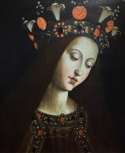Den kronede jomfru, efter Hubert og Jan van Eyck (olie på træ) af Jan van (after) Eyck