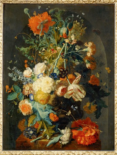 Vase med blomster i en niche ... af Jan van (follower of) Huysum