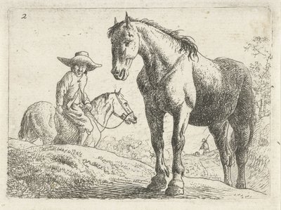 En hest, en mand på hesteryg i baggrunden af Jan van Aken