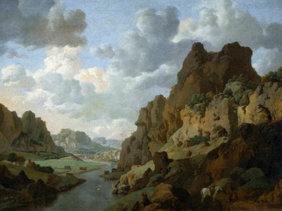 Hollandsk: Bjerglandskab med hvilende rejsende Klippelandskab. af Jan van Aken