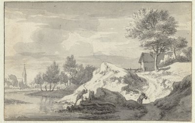 Landskab med figurer, der hugger træ på bredden af en flod af Jan van Aken