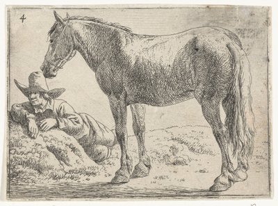 Stående hest med hvilende rytter Landskaber med heste (serietitel) af Jan van Aken