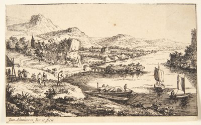 Flodlandskab med vejfarende, t.h. en pram og to joller for sejl af Jan van Almeloveen