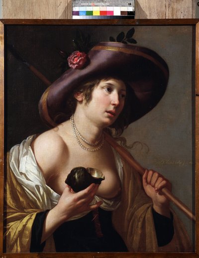 ""Portræt af Granida"" Karakteren af ​​Granida, der holder en skal, som hun bruger til at drikke det vand, som hyrden Daifilo giver hende. Baseret på stykket ""Granida"" af Pieter Corneliszoon Hooft. Maleri af Jan van Bylert (1598-1671) Samlingsmuseet af Jan van Bijlert or Bylert