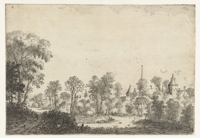 Landskab med udsigt over landsby og mand i båd Landskaber (serietitel) af Jan van Brosterhuyzen