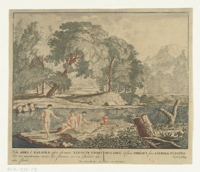 Tre nymfer bader i en sø Scener fra Virgils digtsamling Bucolica (serietitel) af Jan van Call (I)