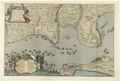 Kort over den allierede landgang og ekspedition i Cadiz, 1702 Plan for Dissante for Landgang i Spangien for Cadix med Campements og Marse udført af hertugen af ​​Ormont og generalen Majoor og Baron de Spar Ceedert den 26. august til af Jan van Call (I)