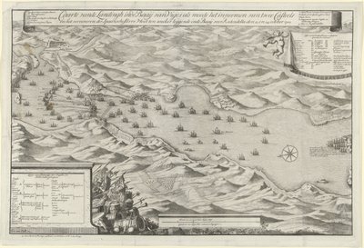 Slaget ved bugten ved Vigo og erobringen af ​​den spanske sølvflåde, 1702 Caarte vande Landingh i Vigos-bugten som en del af erobringen af ​​to Casteels og erobringen af ​​den spanske sølvflåde forankret i Baay for Redondella den af Jan van Call (I)