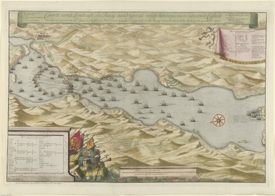 Slaget ved bugten ved Vigo og erobringen af ​​den spanske sølvflåde, 1702 Caarte vande Landingh i Vigos-bugten som en del af erobringen af ​​to Casteels og erobringen af ​​den spanske sølvflåde forankret i Baay for Redondella den af Jan van Call (I)
