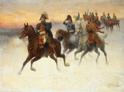 Marshal Ney og Napoleon og deres tropper under det russiske felttog (olie på lærred) af Jan van Chelminski