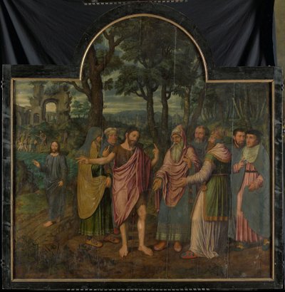 Johannes Døberen formaner farisæerne, centralt panel af en triptykon af Jan van Coninxloo (II)