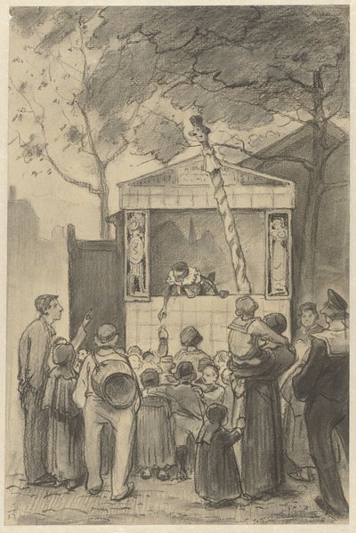 Tilskuere foran et dukketeater af Jan van Essen (possibly)