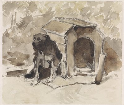Hund, der sidder i snor foran sin kennel af Jan van Essen