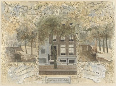 Hus på Leliegracht, flankeret af broerne over Prinsengracht og Keizersgracht af Jan van Essen