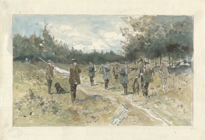 Landskab med en gruppe jægere efter jagten på Leusderhei af Jan van Essen