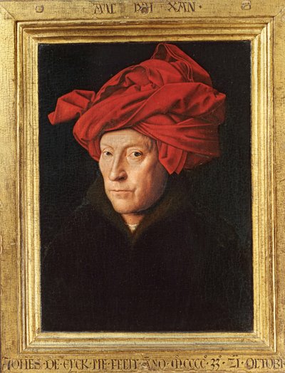 En mand i rød turban ... (maleri på træ) af Jan van Eyck